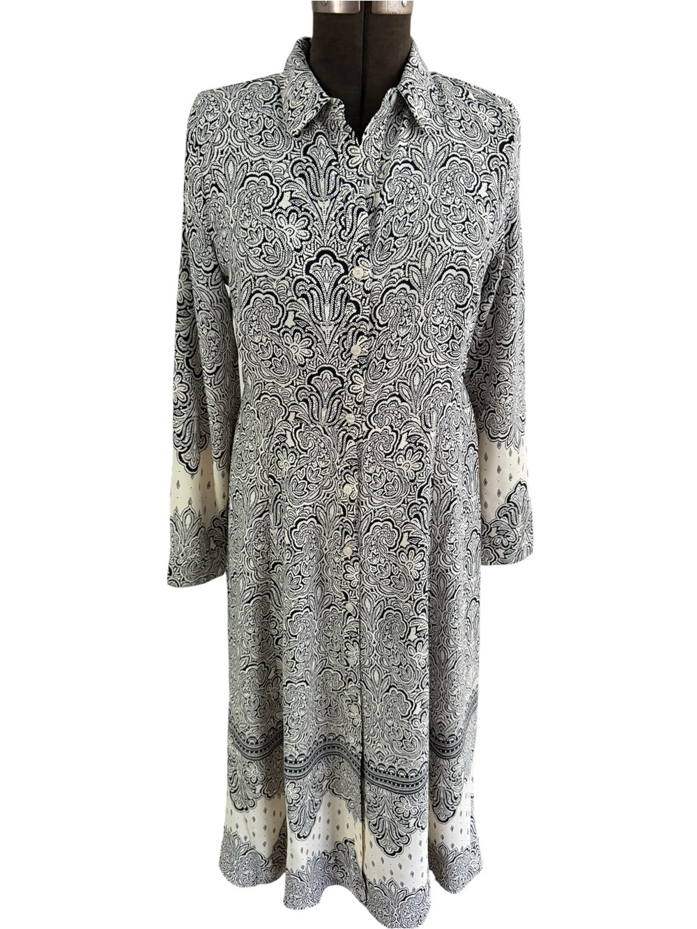 LOFT Paisley Shirt Dress Black + White Midi Fit  Long Sleeve Size 6